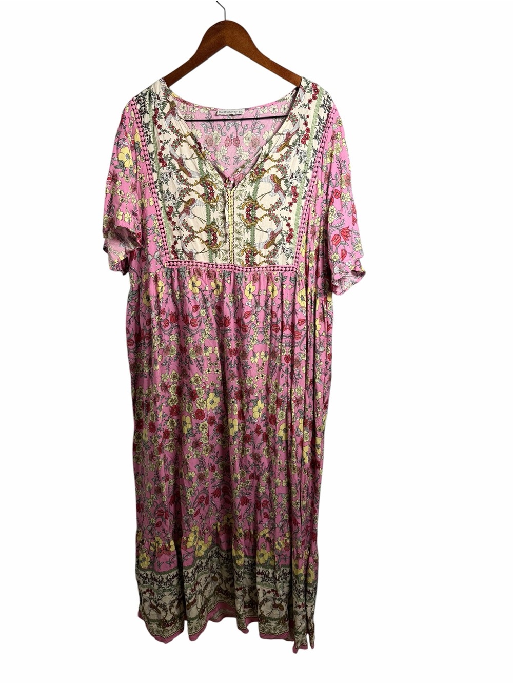 Rustydusty Pink Floral Maxi Dress with Embroidered Yoke Plus 4XL